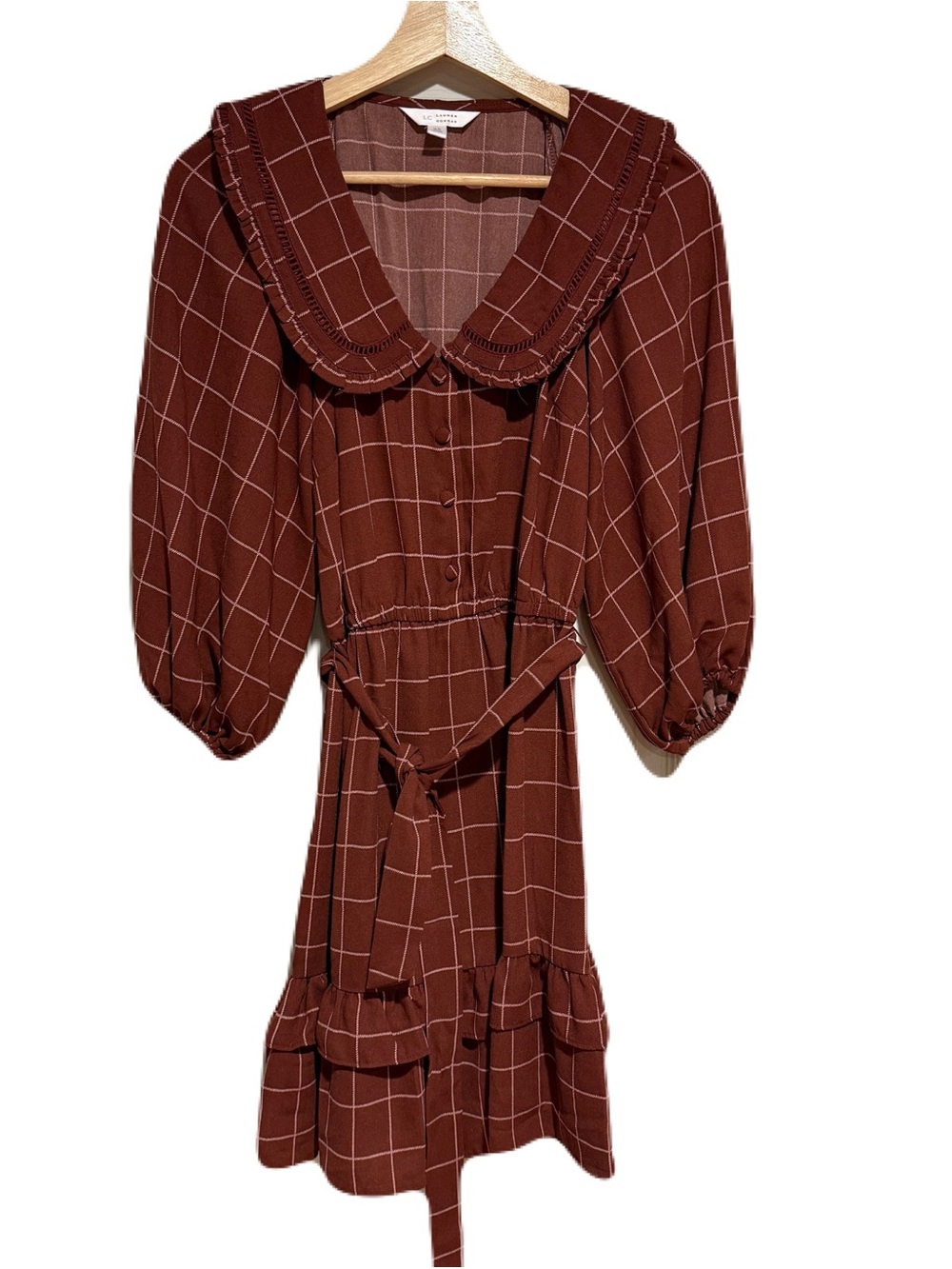Lauren Conrad Ruffle Collar Belted Dress in Rust